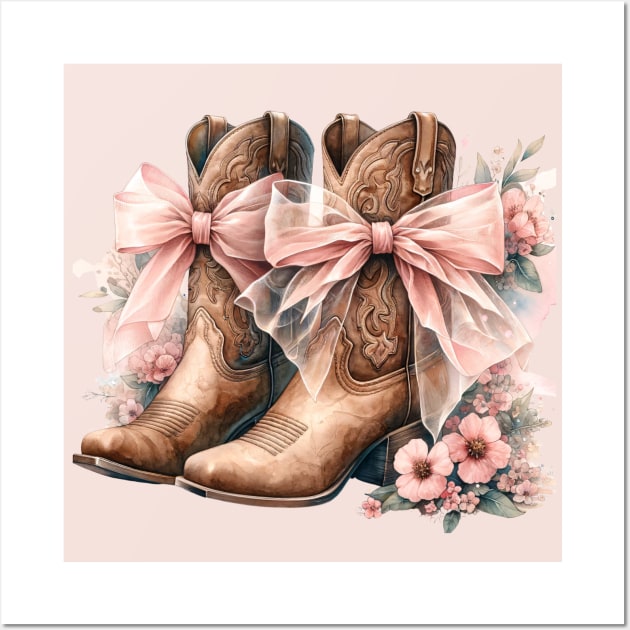 Floral Coquette Cowgirl Boots & Pink Bows Wall Art by figandlilyco